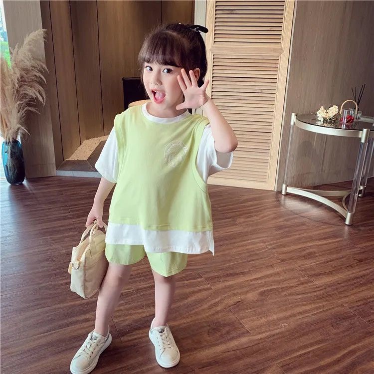 Bộ Đồ Hai Mảnh Áo Tay Ngắn Và Quần Bằng Vải Cotton Màu Trơn Thời Trang Mùa Hè Dành Cho Bé Gái