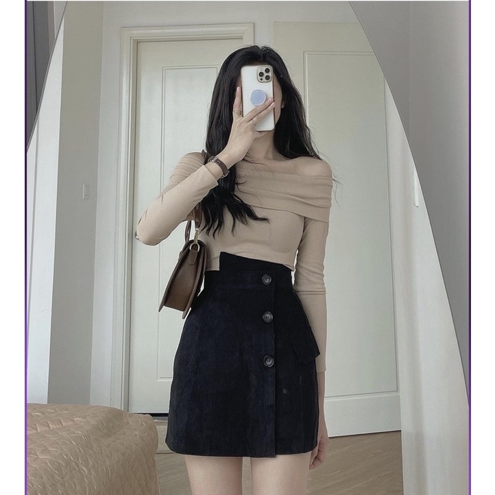 Set áo dài tay Trễ vai kèm chân váy nhung tăm 3 cúc lệch Hiện đại - Có tách set bán rời áo và váy