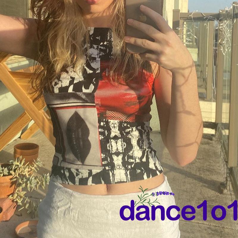 Áo thun không tay cổ tròn in hình đôi môi cho nữ