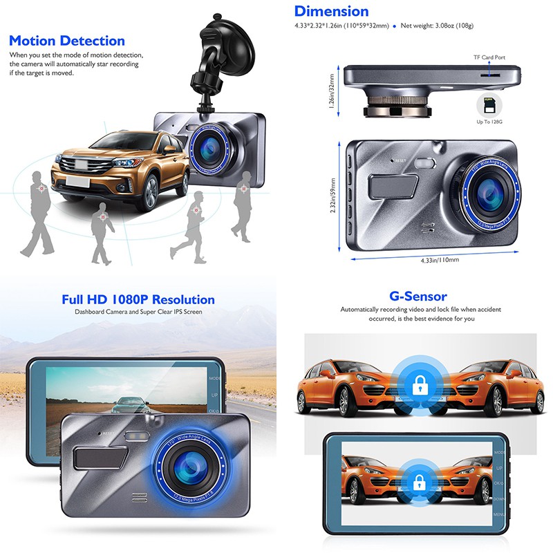 Camera Hành Trình Xe Hơi 4 Inch Hd 1080p Ống Kính Kép Quay 170 Đêm | BigBuy360 - bigbuy360.vn