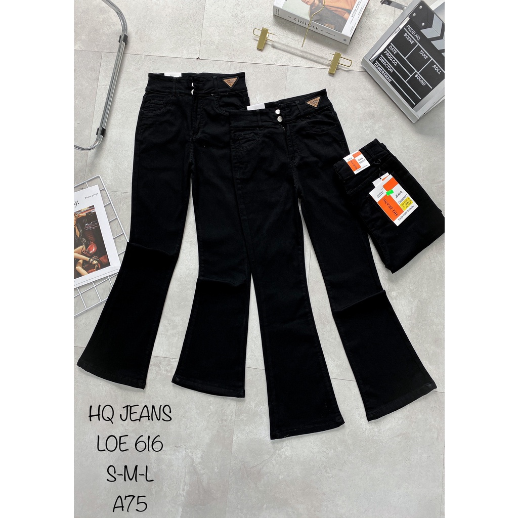 Quần jean quần ống loe HQJEANS cạp cao 2 khuy ống loe màu đen co dãn lai cuốn