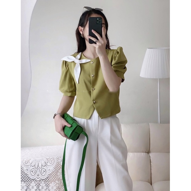 Áo sơ mi kiểu hàn quốc trẻ trung xếp bốn cánh hoa chất liệu trượt hàn mềm mịn không nhăn nhàu A81