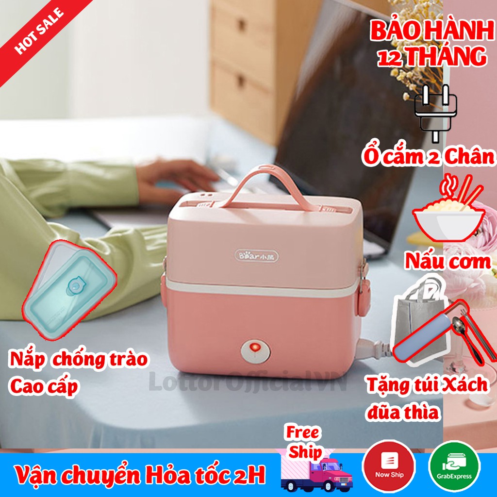 Hộp cơm cắm điện giữ nhiệt bear 2 tầng 3 ngăn đa năng nấu cơm nấu đồ ăn hâm nóng tặng túi đũa thìa