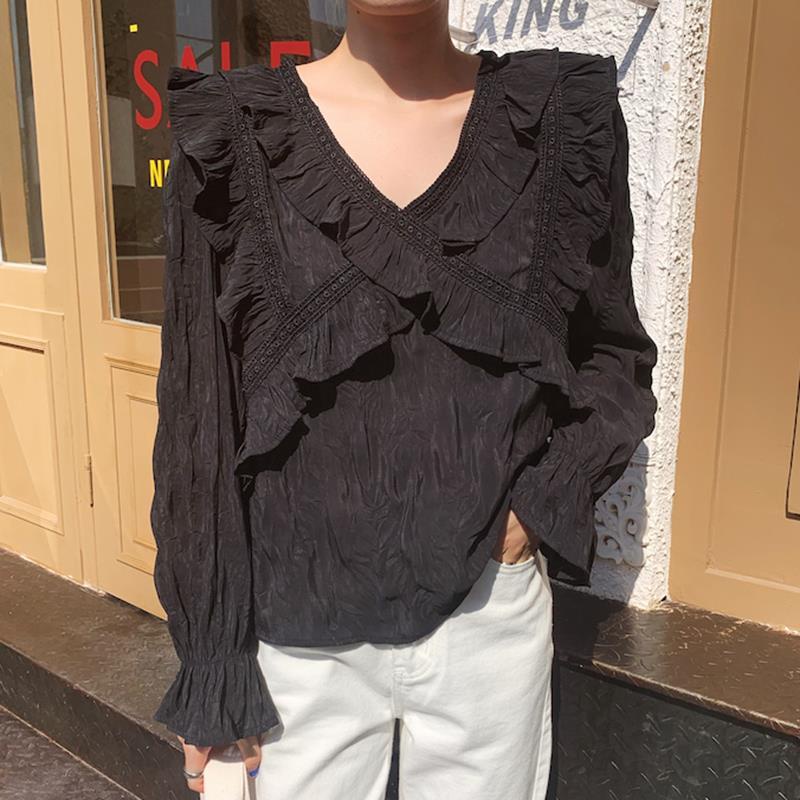 Áo Sơ Mi Tay Dài Cổ Chữ V Dáng Rộng Xếp Ly Thời Trang Mùa Thu Hàn Quốc Mới