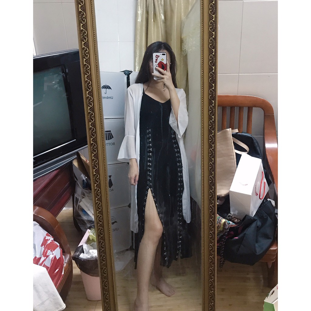 Set đầm đen + hoodie croptop ulzzang dài 2 dây xẻ tà móc kim loại cá tính độc chất lạ full black