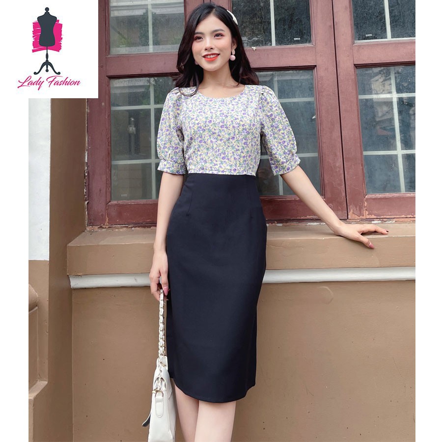 Đầm suôn chữ A phối hoa tím dễ thương-DAM32