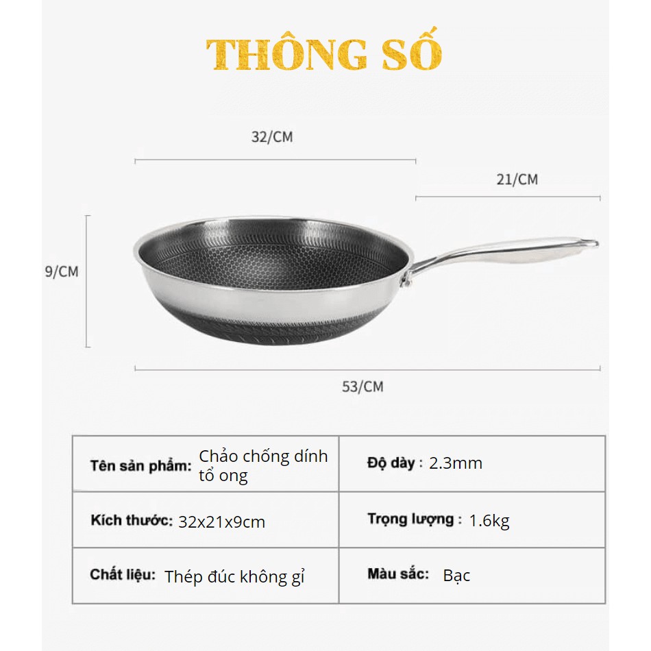 CHẢO CHỐNG DÍNH CHẢO VÂN TỔ ONG SÂU LÒNG SIZE 32 CM HÀNG CAO CẤP