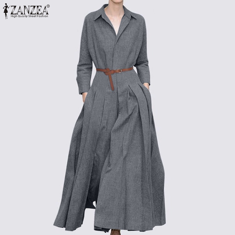 Đầm maxi ZANZEA xòe rộng tay dài xếp ly màu trơn phong cách vintage mặc hàng ngày cho nữ