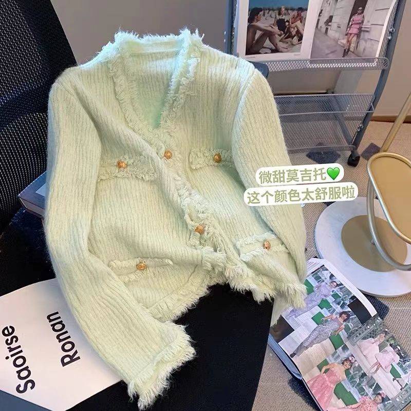 Áo Cardigan Dệt Kim Màu Xanh Lá Mùa Xuân Thu Nhẹ Nhàng Phong Cách Giàu Vàng Ngọt Ngào