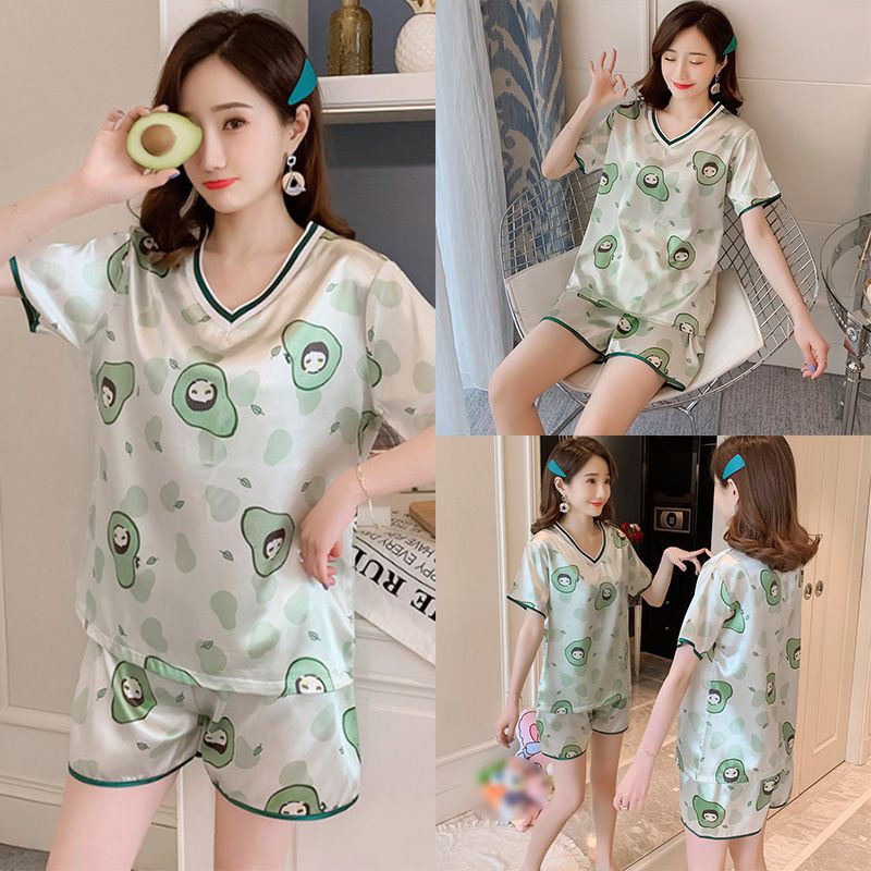 Bộ Đồ Ngủ Ngắn Tay Cổ Chữ V In Họa Tiết Hoạt Hình Xinh Xắn Dành Cho Nữ