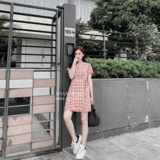 Váy kẻ caro cột eo mầu hồng cam
