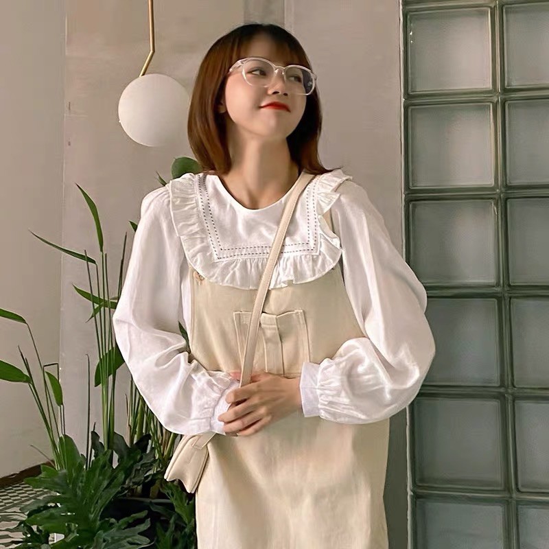 Áo Sơ Mi Nữ Cổ Tròn Phối Bèo Viền Chỉ Nổi Tay Bồng [ẢNH THẬT+VIDEO]