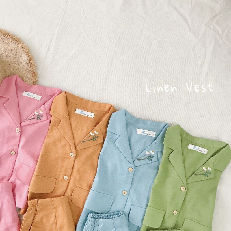 Bộ vest bé gái thêu hoa cúc vải linen mềm bé 1-10 tuổi
