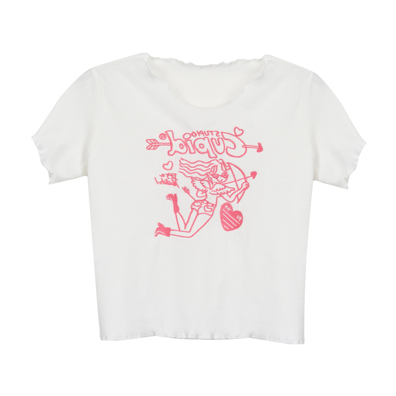 Áo Croptop Tay Ngắn Hoạ Tiết Thêu Phong Cách Hàn Quốc