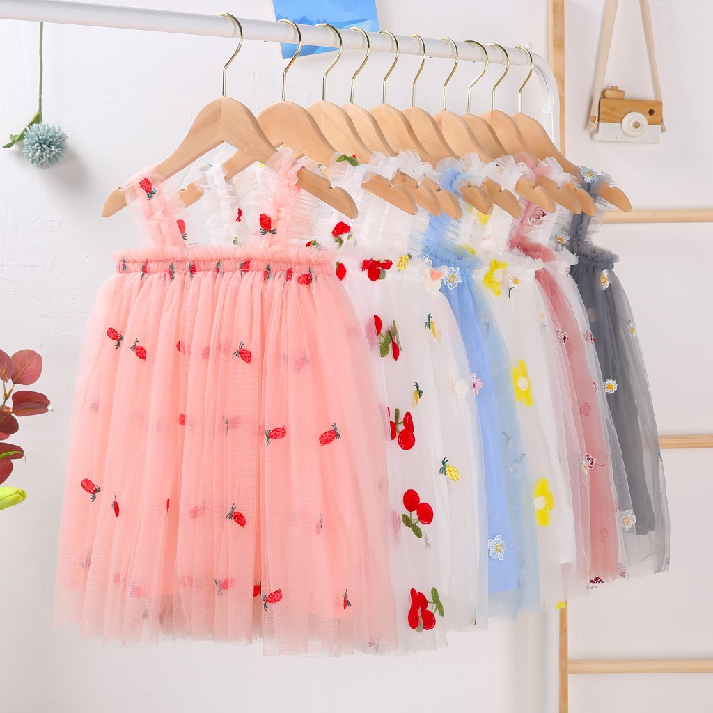 Đầm BCBL công chúa hai dây vải tuyn họa tiết hoa cúc nhỏ dễ thương dành cho bé gái 0-5 tuổi