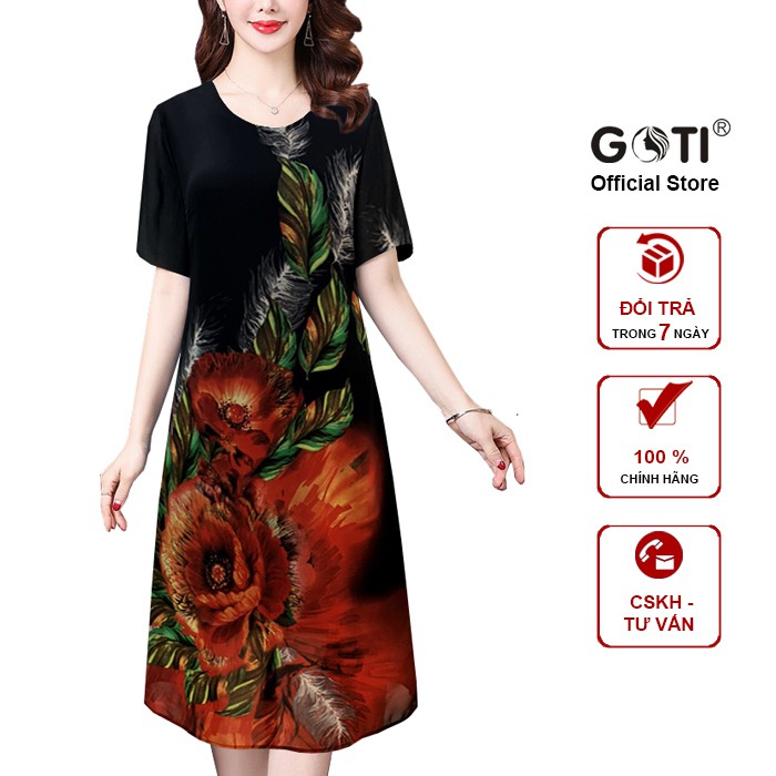 GOTI - Đầm Trung Niên Size Lớn Cao Cấp Kiểu Dáng Suông Voan In Hoa Dài Qua Gối Tay Lỡ Cho Mẹ U50 U60 3314