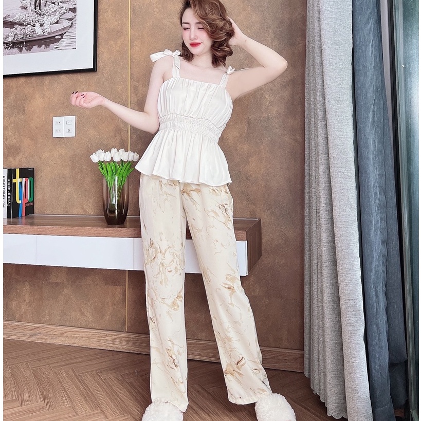 Bộ mặc nhà nữ SOJUN Bộ Dài Mango Phối Latin Chạy Thun &lt;65 kg