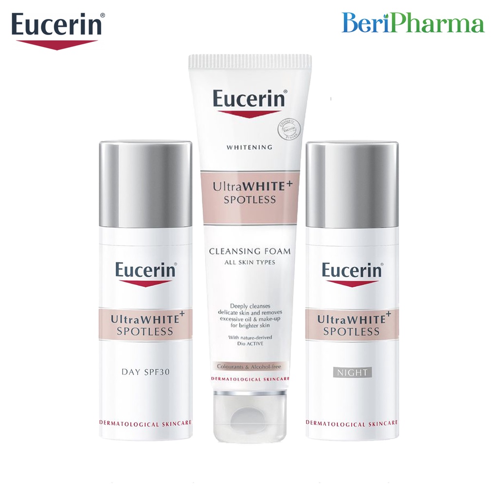 Combo Eucerin Ultrawhite+ Spotless: Sữa Rửa Mặt, Kem Dưỡng Trắng Da Ngày Và Đêm Giảm Thâm Nám