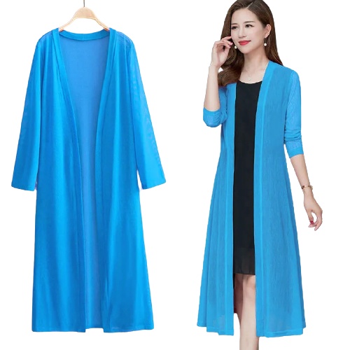 Áo Khoác Cardigan Vải Lụa Lạnh Phối Lưới Thoáng Khí Dáng Dài Rộng Màu Trơn Thời Trang Cho Nữ Size M-5Xl