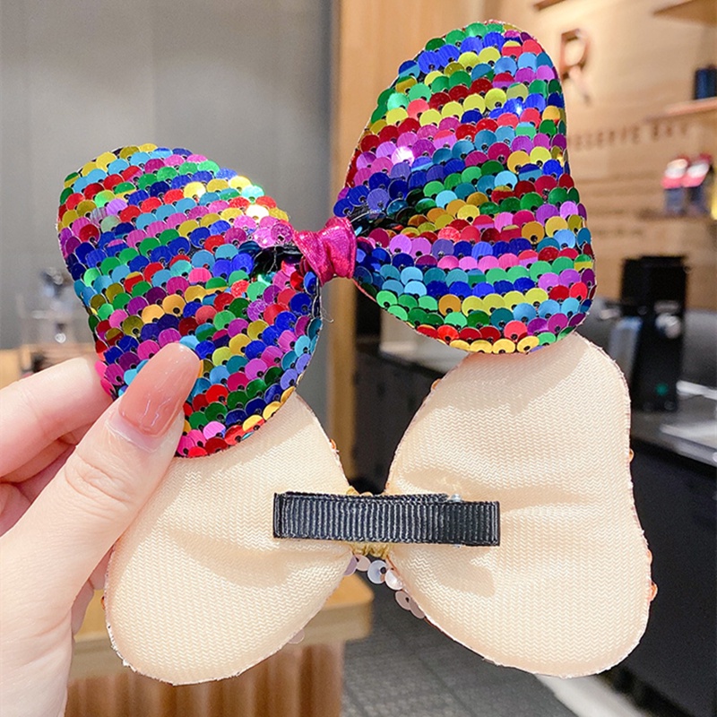 Kẹp tóc trang trí nơ đính sequin lấp lánh màu cầu vồng kiểu dáng thời trang cho bé gái
