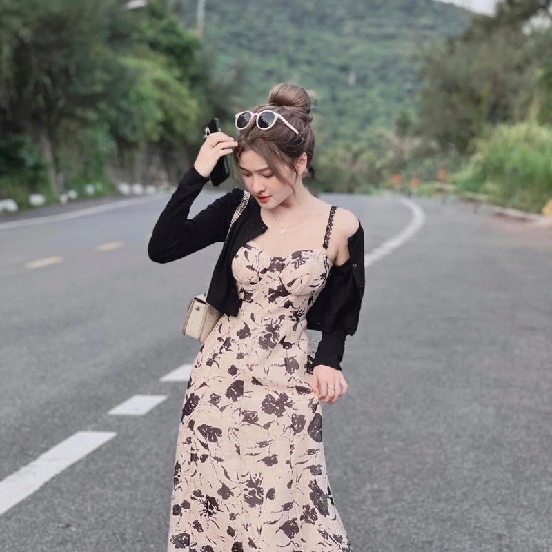 [ 𝐅𝐑𝐄𝐄 𝐒𝐇𝐈𝐏 ]   SÉT  ÁO LEN TĂM KHOÁC CADIGAN VÁY 2 DÂY HOA ĐỆM NGỰC