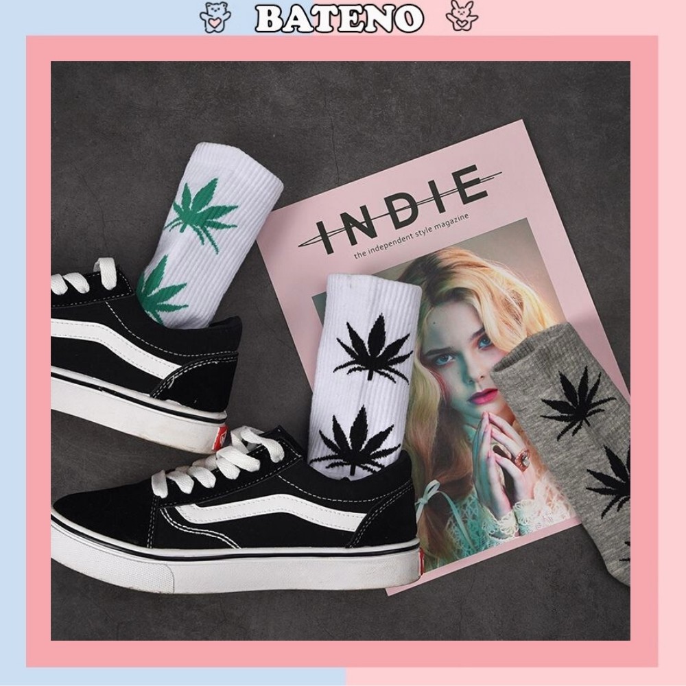 Tất Unisex Bateno đường phố cổ cao họa tiết lá cây cực chất TN88