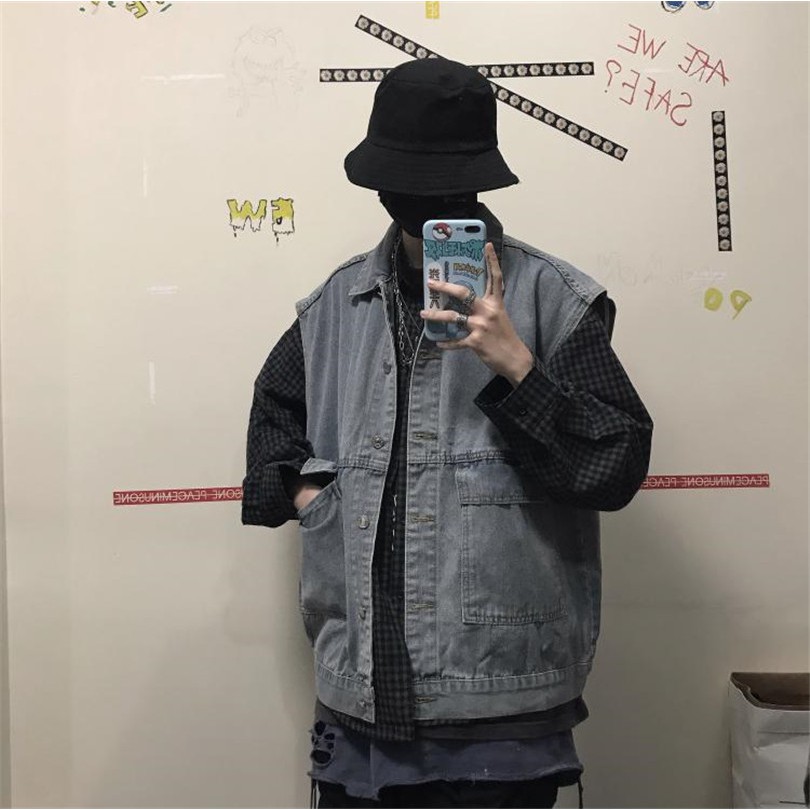 Áo Khoác Denim Không Tay Dáng Rộng Phong Cách Harajuku Hàn Quốc Thời Trang Cho Nam Nữ 12802