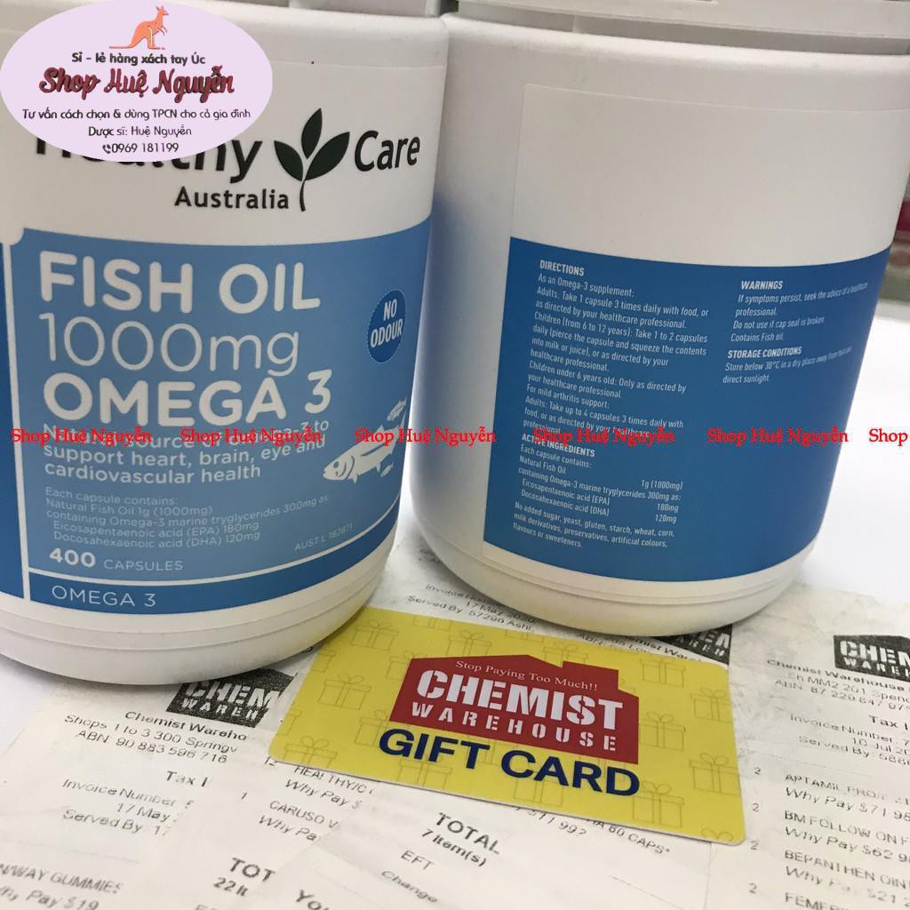 Dầu cá Omega 3 Healthy Care Fish Oil 1000mg Úc, bổ mắt và xương khớp, tim mạch, lọ 400 viên cả gia đình cùng uống