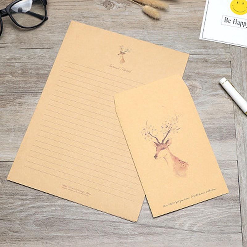 Bộ 5 thiệp chúc mừng/lá thư viết tay in họa tiết hươu phong cách cổ điển