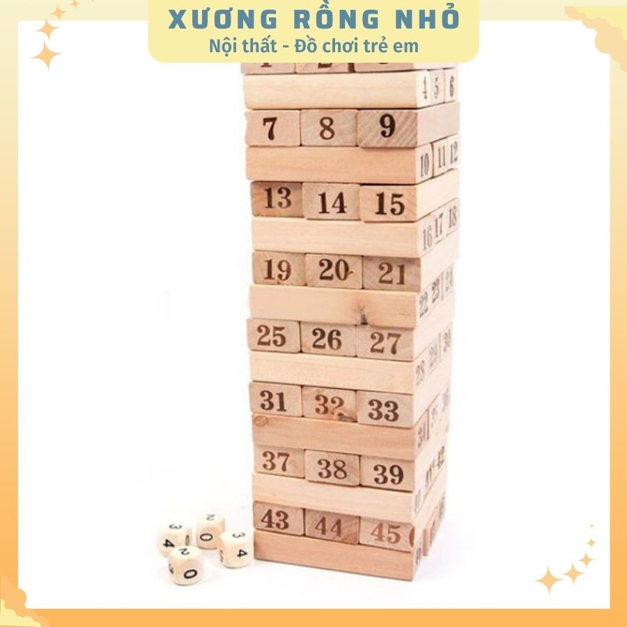 Bộ đồ chơi rút gỗ 48 thanh - kèm 4 xúc xắc gỗ (Loại To)- Xếp Hình Domino Xả Stress bằng gỗ thông tự nhiên,Xương Rồng Nhỏ