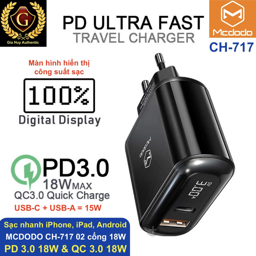 Củ sạc nhanh iPhone, iPad, Note 10, S10 MCDODO CH-717 PD 3.0 18W & QC 3.0 18W