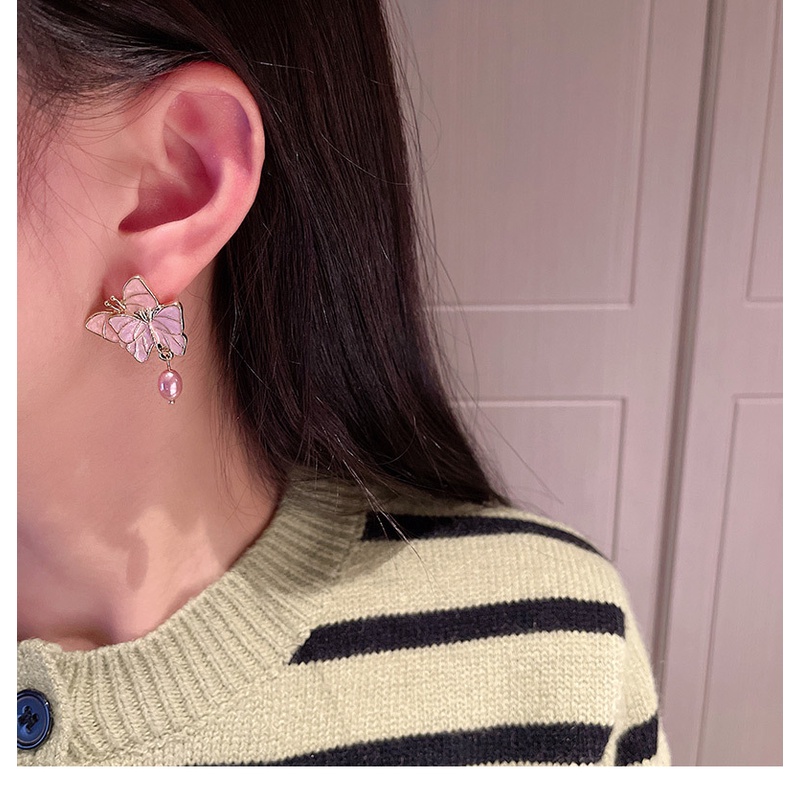 Khuyên Tai Hình Bướm Hồng Đính Ngọc Trai Đơn Giản Dễ Thương Cho Nữ