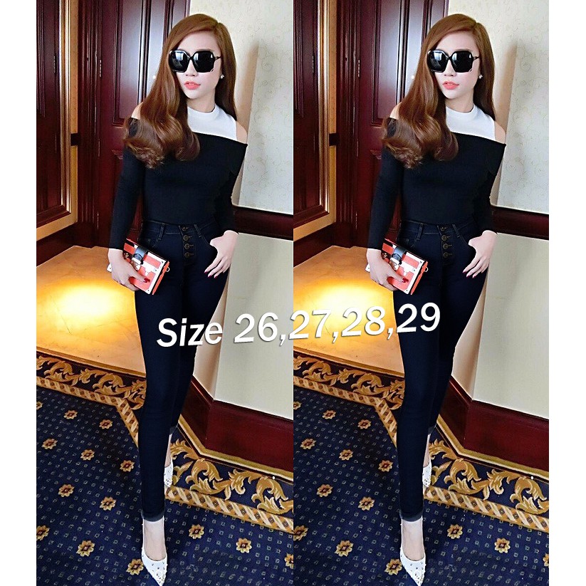 Quần Jean Xanh Đen Lưng Cao 4 Nút Xắn Lai Giống Bella EKE-QD199