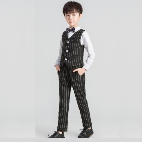 Bộ ghile bé trai kẻ đen TQB034 TQB035 gồm 3 chi tiết (áo ghile + áo sơ mi + quần tây) tặng kèm nơ