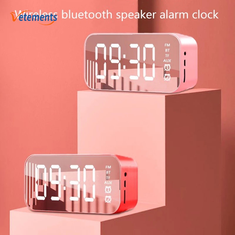 Loa Bluetooth không dây mini kiêm đồng hồ báo thức kỹ thuật số thông minh mặt gương LED gọn nhẹ