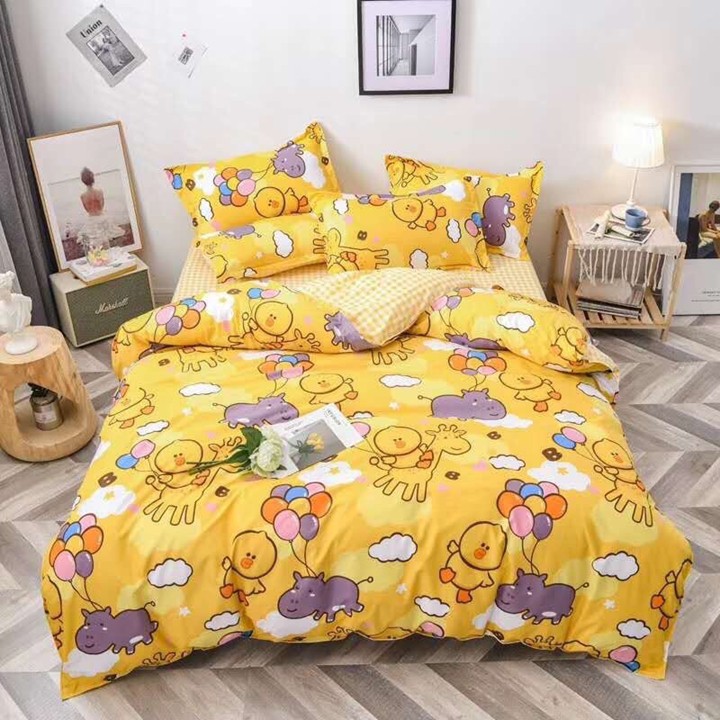 Bộ chăn ga gối drap giường chất cotton poly họa tiết hà mã vịt hươu