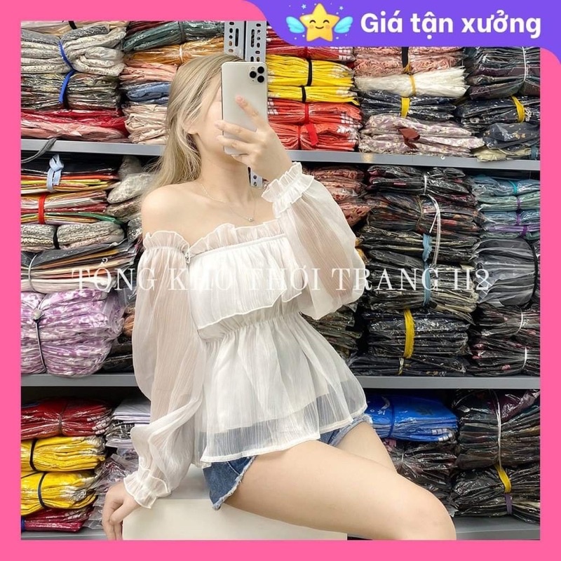 Áo sơ mi voan tơ trễ vai hai lớp bèo ngực tay tơ bồng sang chảnh lụa mềm bánh bè