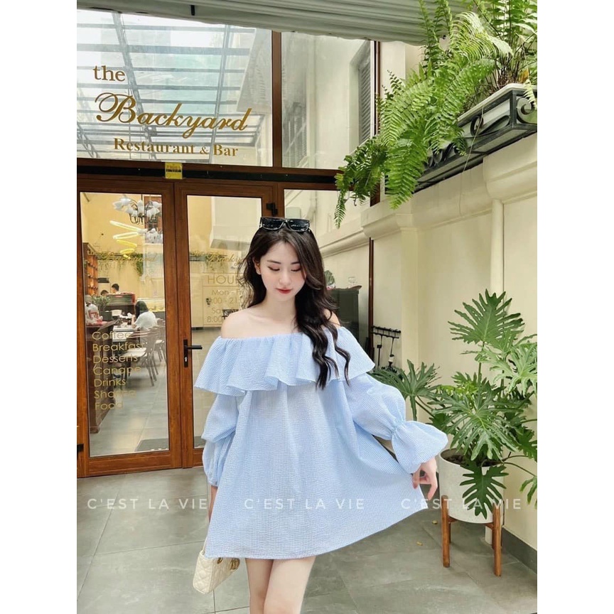 Áo váy trễ vai mặc 2 kiểu xốp nổi XANH tay bồng bèo ngực