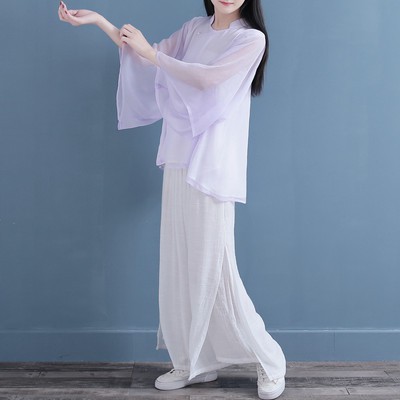 Áo sơ mi nữ voan cải tiến Hanfu cải tiến cổ điển qingli Áo sơ mi phong cách quốc gia hai tầng phong cách Trung Quốc quần