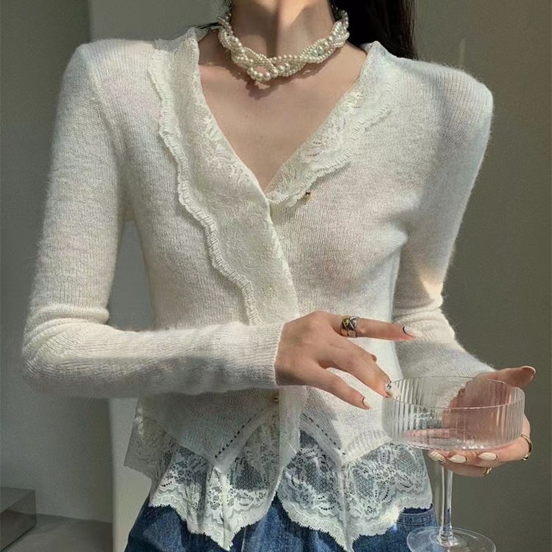 Áo Sweater Dệt Kim Mỏng Tay Dài Phối Ren Phong Cách Pháp Thời Trang Mùa Đông Mới Cho Nữ