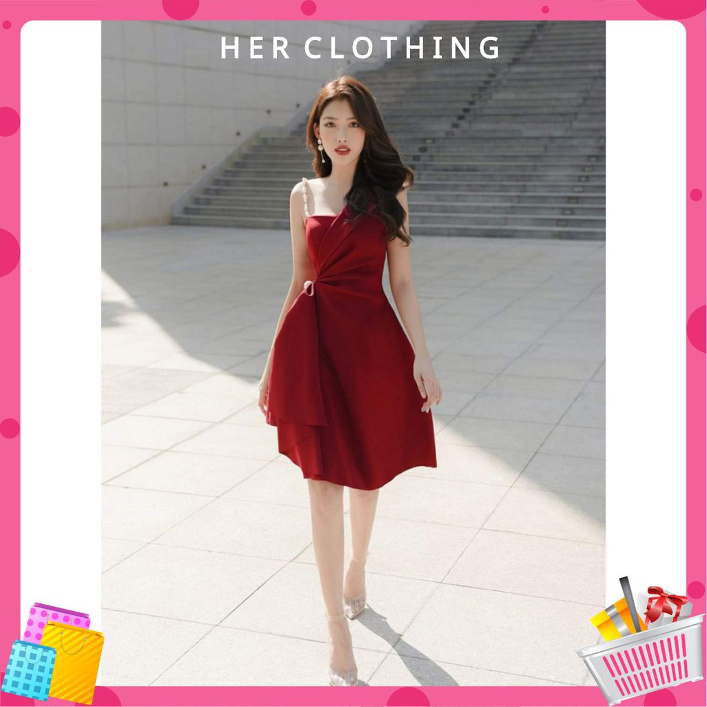 Đầm dự tiệc 1 dây vai đính chuỗi sang trọng Vải cam kết loại 1 [ĐẦM 1VAICUOM