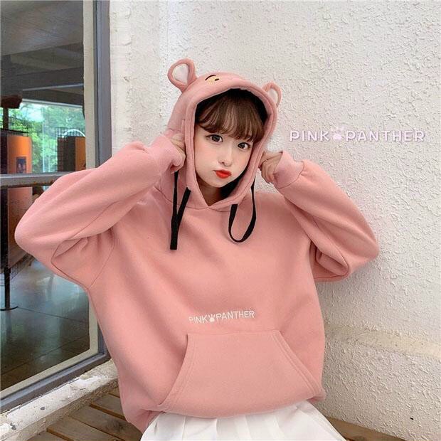 Freesize Áo Hoodie Nón Chui Trùm Đầu Nữ Nam Unisex Chất Vải Nỉ Poly Báo Hồng Pink Panther