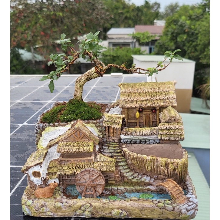 Mô hình Ngôi nhà cổ, chậu cây, trang trí, hòn non bộ 08