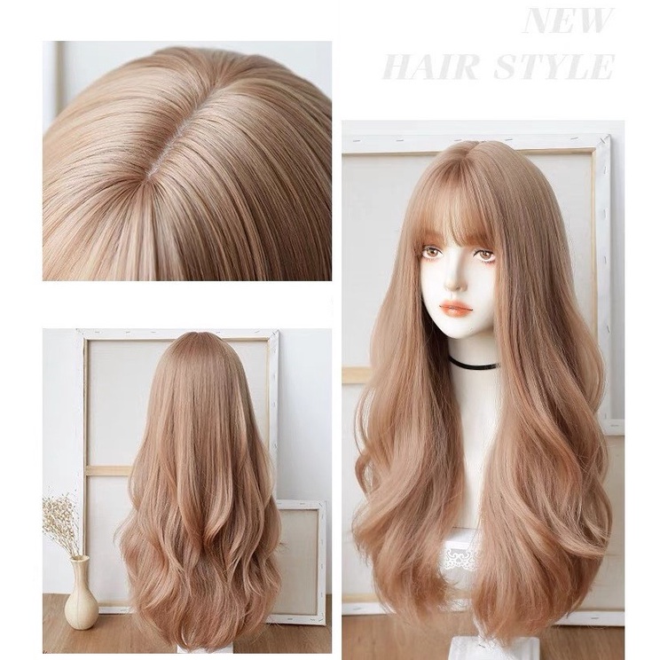 Tóc giả nữ nguyên đầu xoăn sóng vàng khói chất sợi tơ nhân tạo dùng nhiệt tạo kiểu 9106