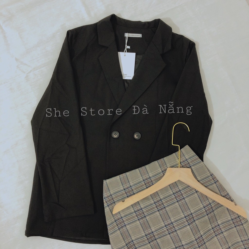Set áo blazer ulzzang và chân váy caro.Blazer nữ đen form rộng phong cách Hàn Quốc[Có tách set] | BigBuy360 - bigbuy360.vn