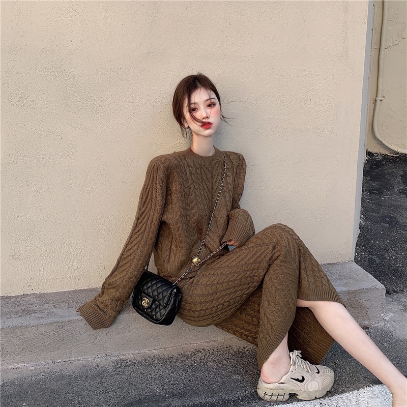 Áo len tay dài hở rốn/Chân váy cạp cao đơn giản thời trang cho nữ