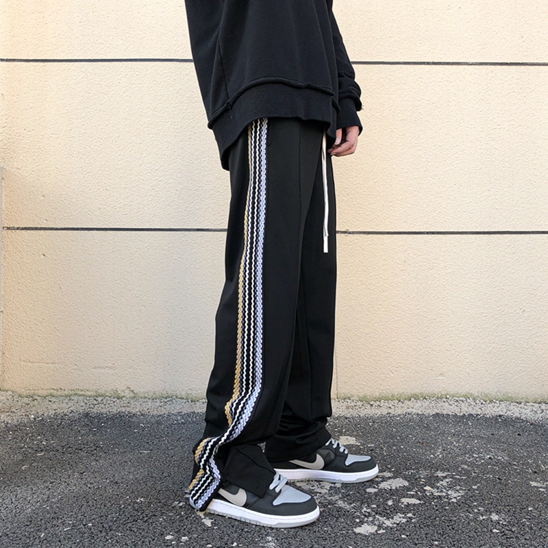 Quần dài ống rộng họa tiết kẻ sọc thiết kế xẻ tà phong cách Hàn Quốc thời trang cá tính cho nam
