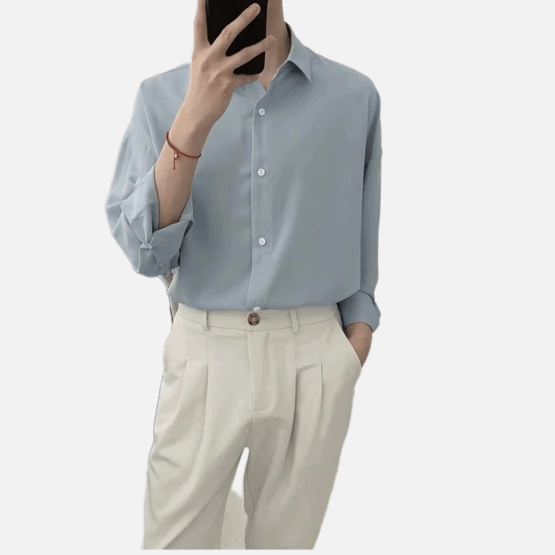 Áo Sơ Mi Trơn Tay Dài Dáng Rộng Thoáng Khí Thời Trang Hàn Quốc Cho Nam