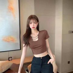 Áo croptop ôm body tay ngắn phối xích cổ, áo thun kiểu A107
