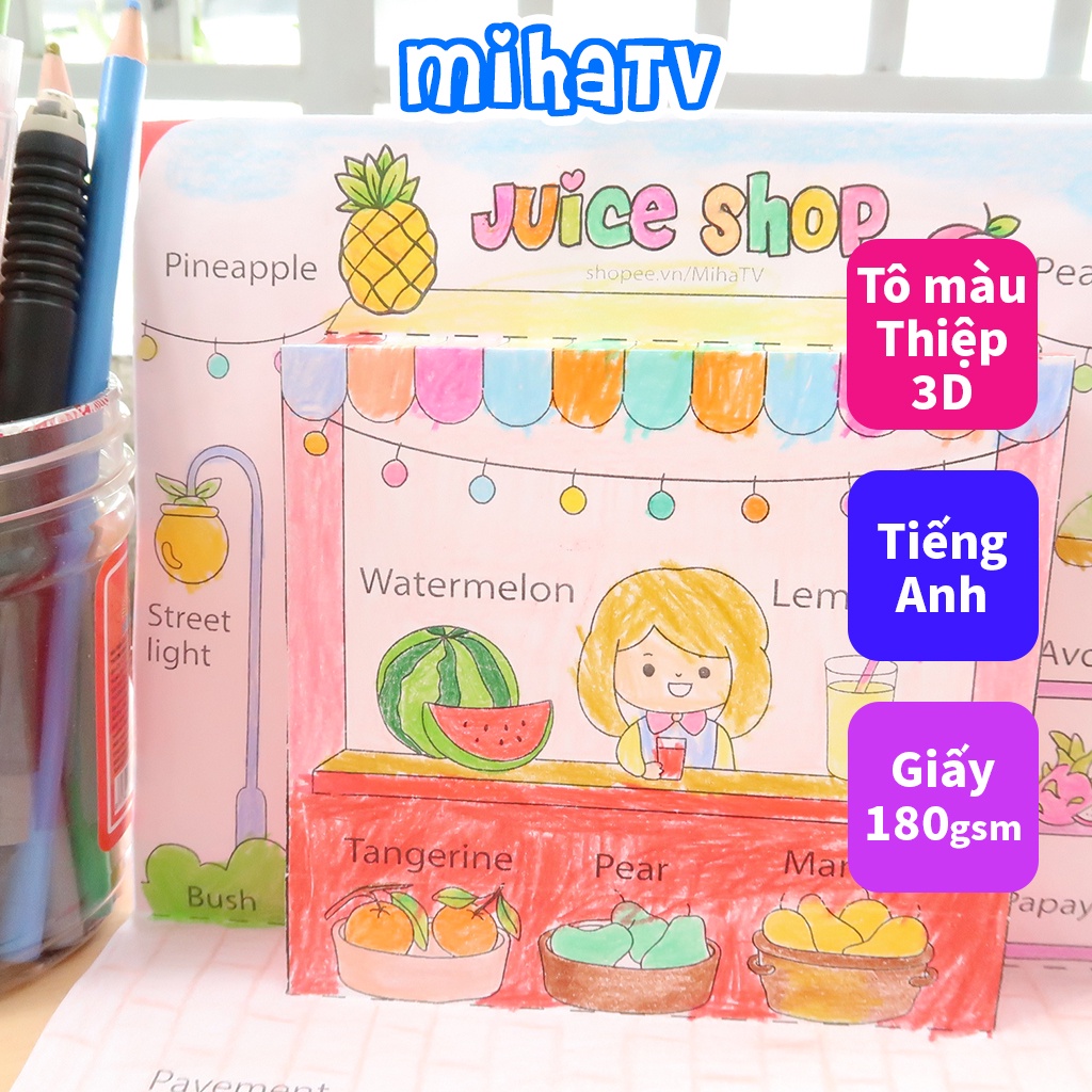 Tiệm nước trái cây thiệp 3D Đồ chơi tô màu tiếng Anh | MihaTV bé thông minh sáng tạo | giấy A4 180gsm